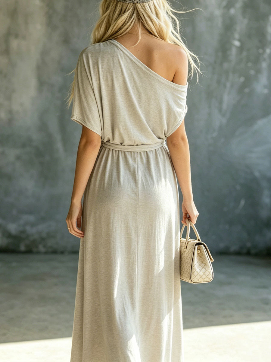 Women's Solid-color Cotton-linen Casual Off-shoulder Short-sleeve Maxi Dress