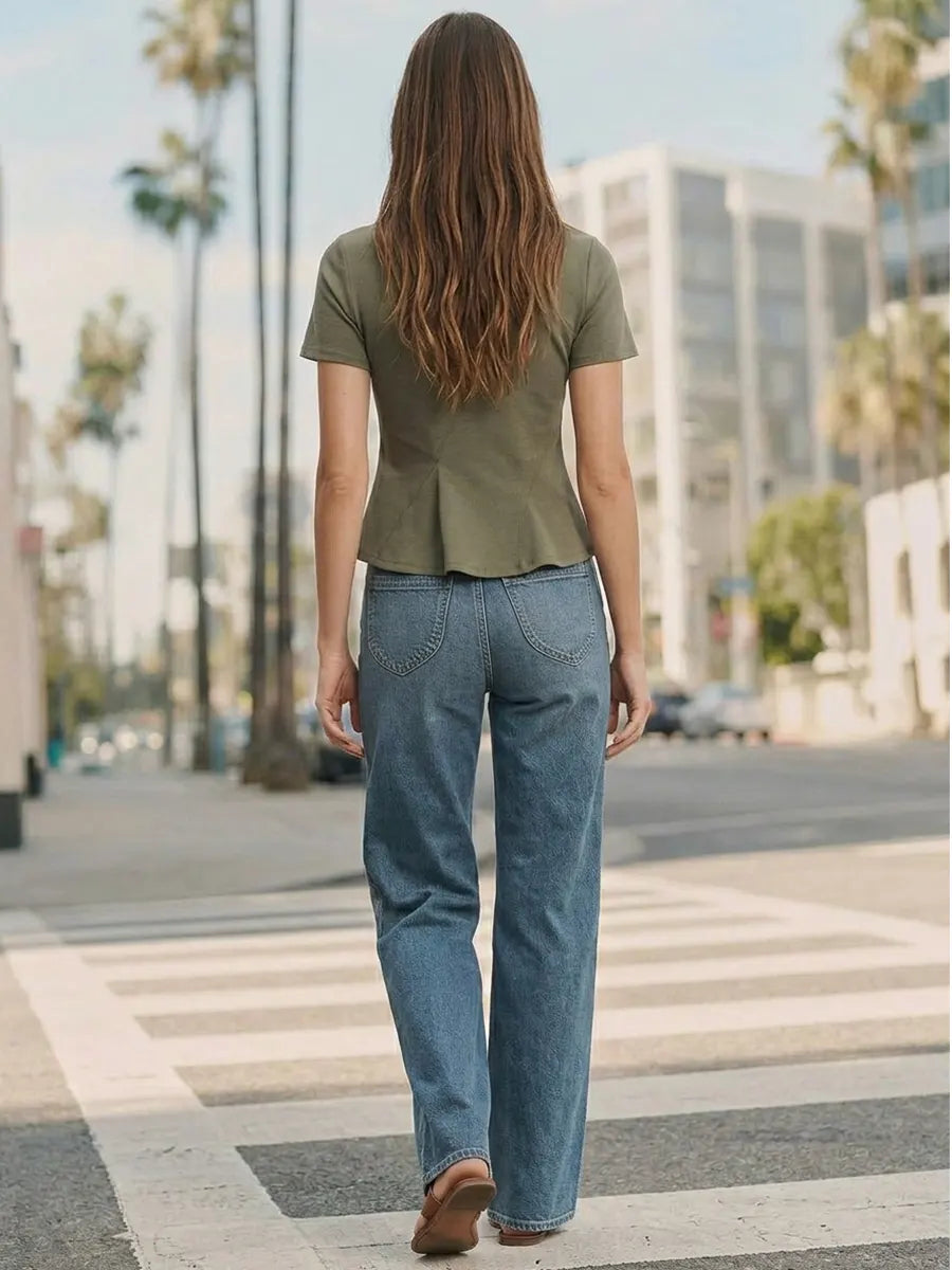 Women Olive Green Panel Seam Fitted Peplum Crew Neck Basic Tee