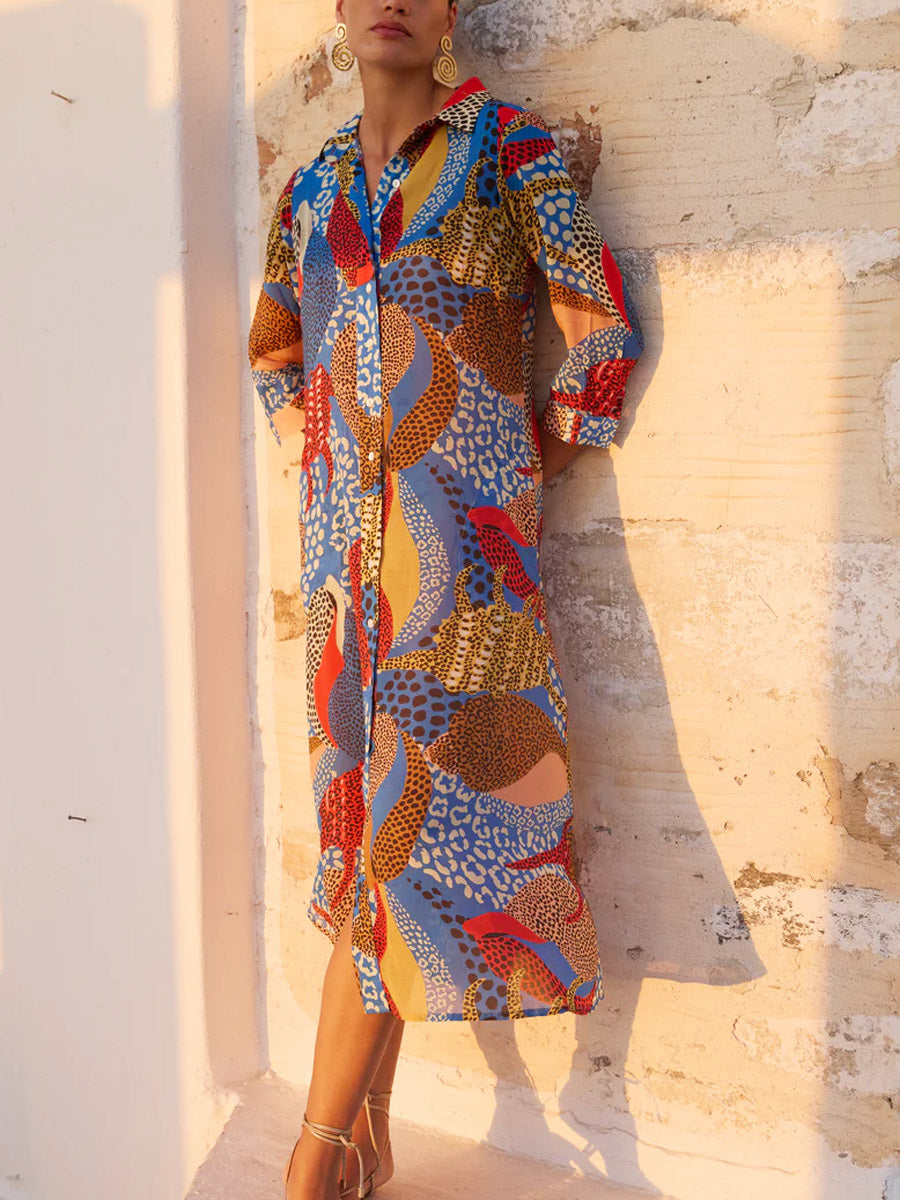 Women's Retro Abstract Polka Dot Art Print Casual Cotton Linen Shirt Dress