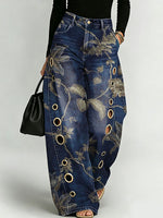 Women's Vintage And Elegant Floral And Botanical Decorative Patterns Cotton Denim Pants