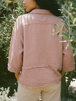 Dusty Pink Raw Edge 3/4 Sleeve Cropped Button Down Casual Shirt
