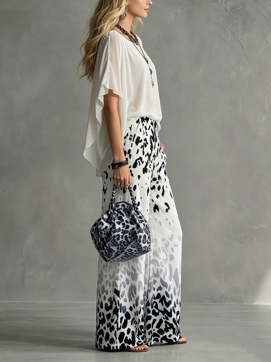 Women's Printed Chiffon Short-sleeve Top And Trouser Set (round Neck)