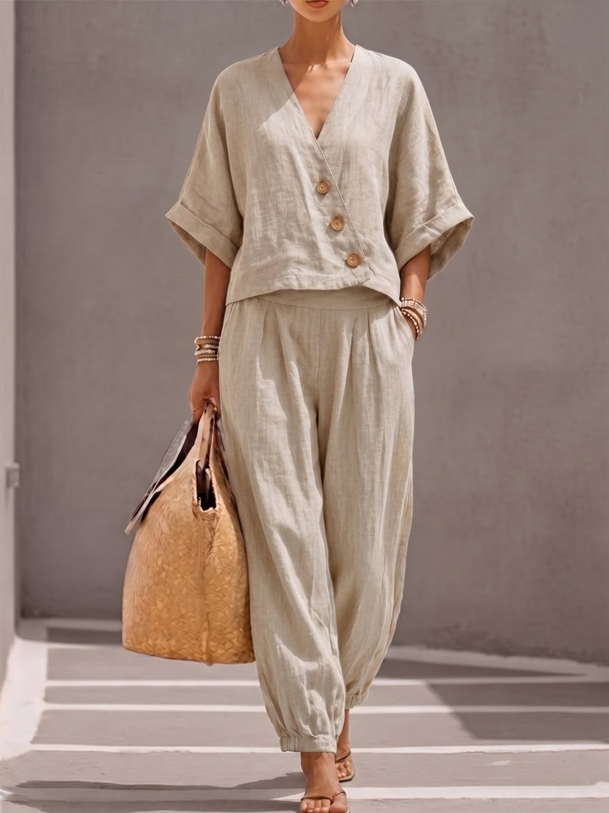 Casual Linen And Cotton Button-up Top And Trousers Two-piece Set