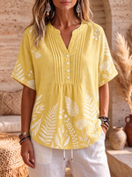Cozy Pleated Cotton-linen Shirt With Floral Print