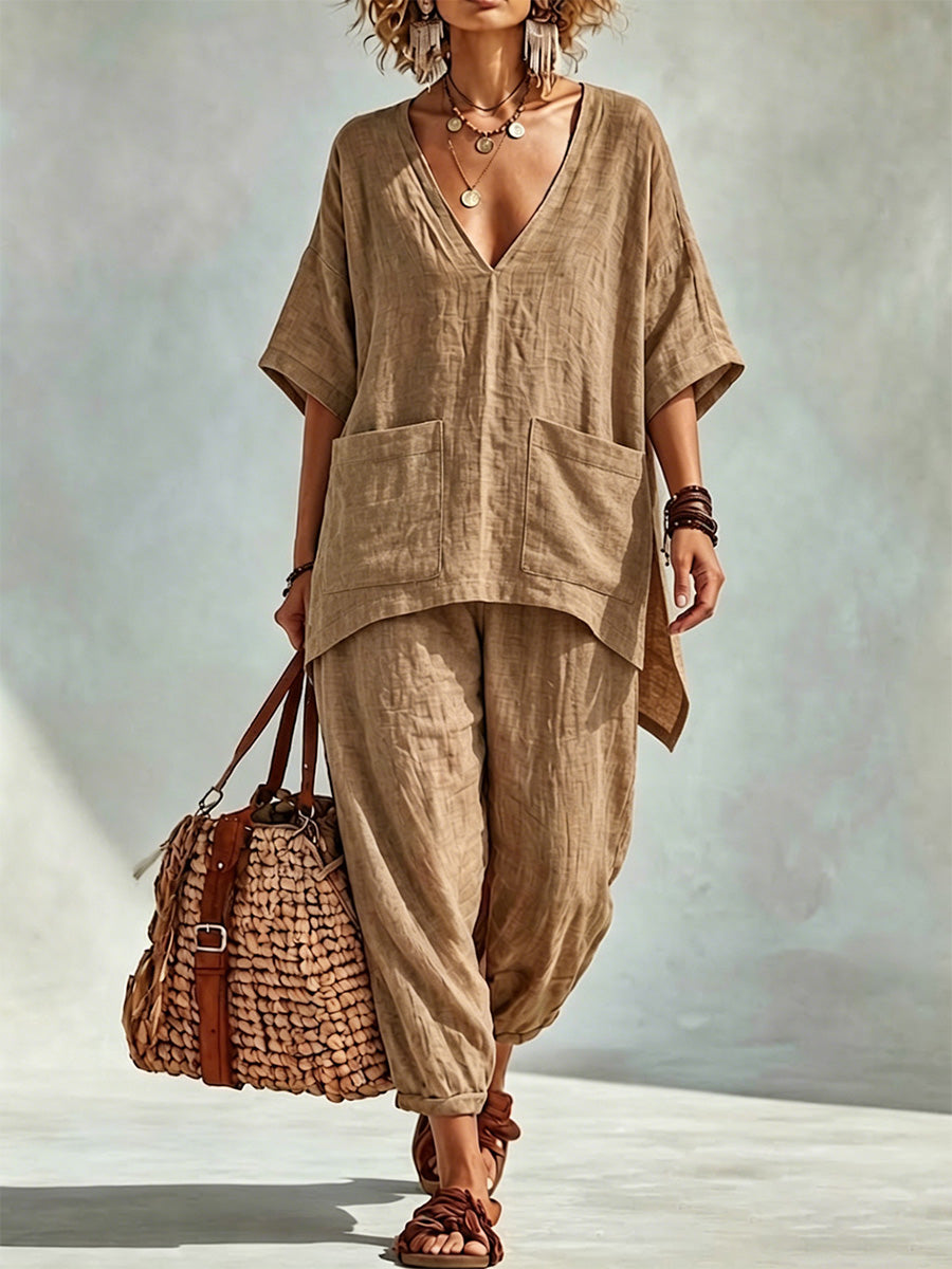 Cotton-linen V-neck Batwing-sleeve Top + Tapered Harem Pants Set
