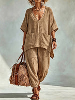 Cotton-linen V-neck Batwing-sleeve Top + Tapered Harem Pants Set