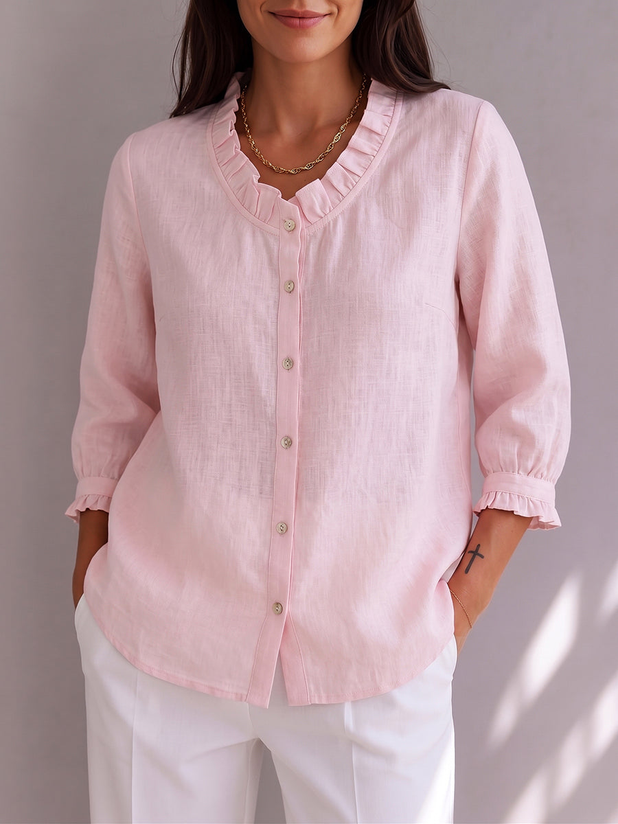 Rose Pink Cotton-linen Shirt With Ruffled Collar