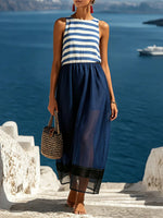 Women's Striped Print Round-neck Sleeveless Dress With Mesh Splicing