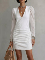 Women's V-neck Chiffon Long-sleeve Ruched Dress