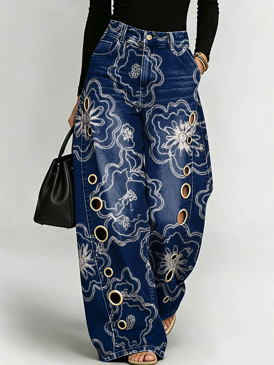 Women's Vintage And Elegant Floral And Botanical Decorative Patterns Cotton Denim Pants