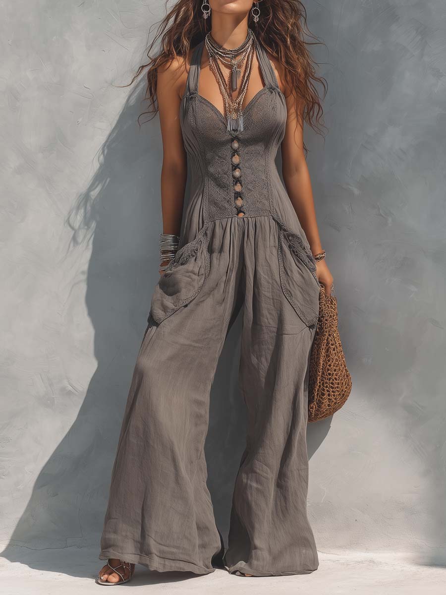 Vintage Washed Lace Cinched Waist Halter Jumpsuit