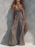Vintage Washed Lace Cinched Waist Halter Jumpsuit