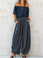 Casual Off-shoulder Linen & Cotton Top With Striped Lantern Pants Two-piece Set