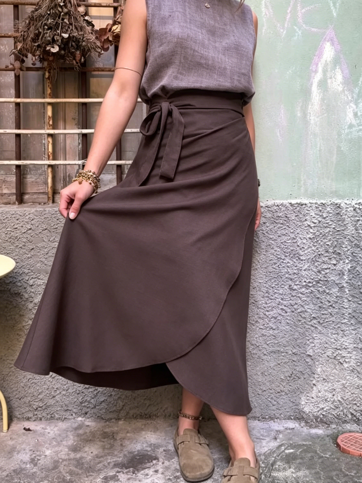 Elegant Mocha High-waisted Tie-waist Wrap Skirt