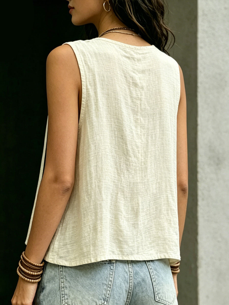 Women's Casual Solid-color Loose V-neck Striped Sleeveless Tank Top