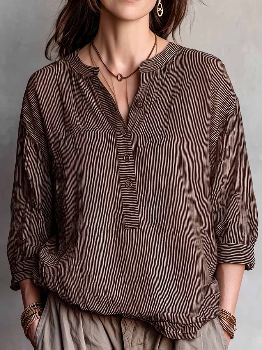 Women's Striped Print V-Neck 3/4-sleeve Casual Loose Cotton-linen Top