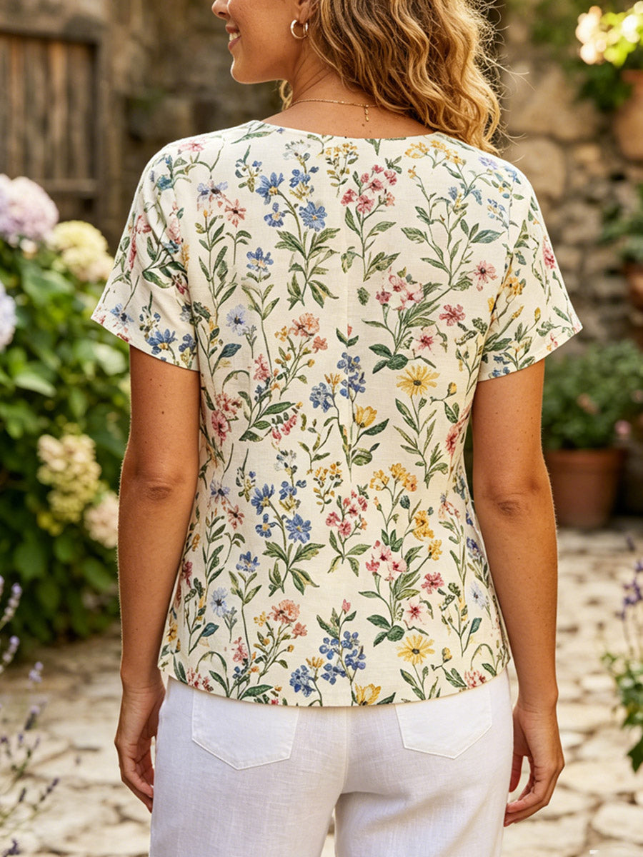 Women's Floral Art Print Casual Cotton Linen Shirt