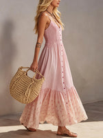 Women's Pink Striped Patchwork Chiffon Printed Maxi Dress With Spaghetti Straps