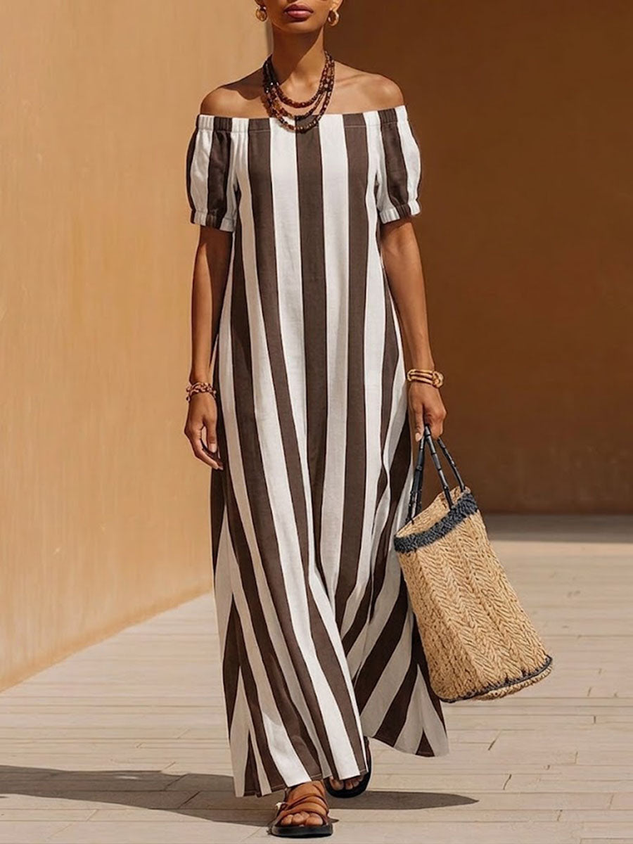 Women's Striped Print Off-shoulder Short-sleeve Casual Loose Cotton-linen Dress