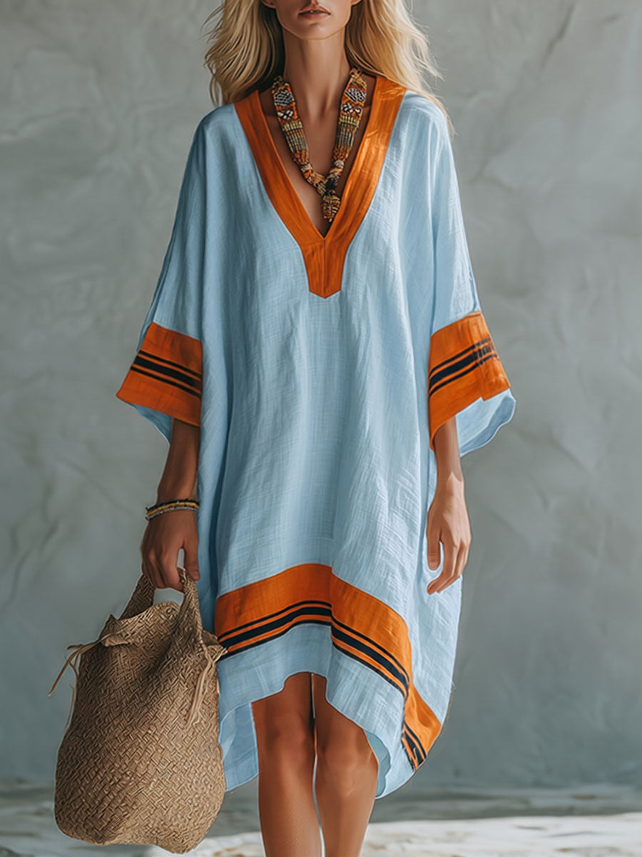 Women's Color-block V-neck Cotton-linen Dress