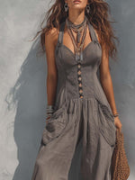 Vintage Washed Lace Cinched Waist Halter Jumpsuit