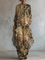 Women's Retro Leopard Art Print Casual Stylish 3/4 Sleeve Cotton Linen Suits