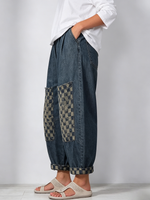Casual Retro Plaid-paneled Cropped Denim Jeans
