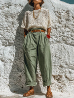 Stylish Casual Two-piece Set: Lace Top And Linen-cotton Trousers