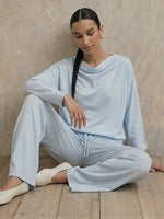 Draped Cowl Neck Loose Fit Long Sleeve Top & High Waist Drawstring Wide Leg Pants Vacation Home Wear 2 Piece Co-ord Set