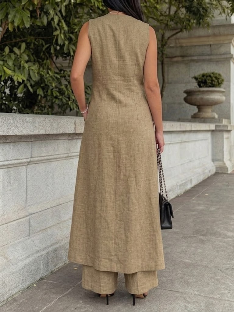Women's Simple Sleeveless Long Top With Wide-leg Pants Cotton-linen Set