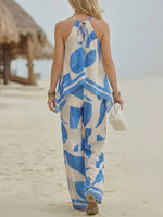 Women's Geometric Print Halter Top And Irregular Hem Pants Set