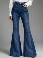 Women's Flared Denim Pants with Cutout Lace Paneling