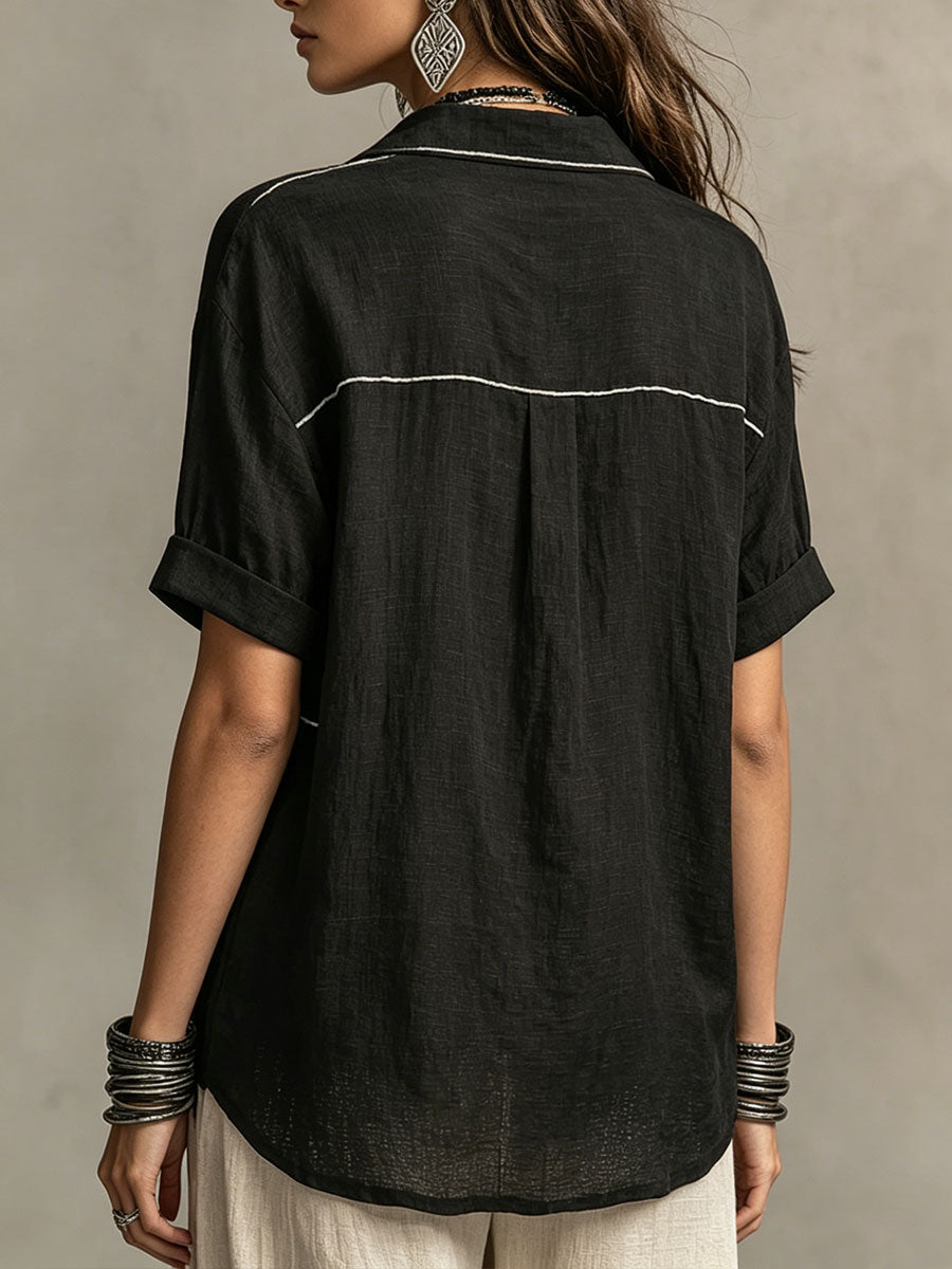 Women's Topstitched Lapel Short-sleeve Loose-fit Shirt