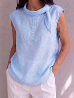 Retro Tie-collar Sleeveless Cotton-linen Top