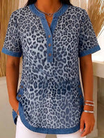 Women's V-neck Short-sleeve Casual Loose Denim Top With Leopard Print Paneling