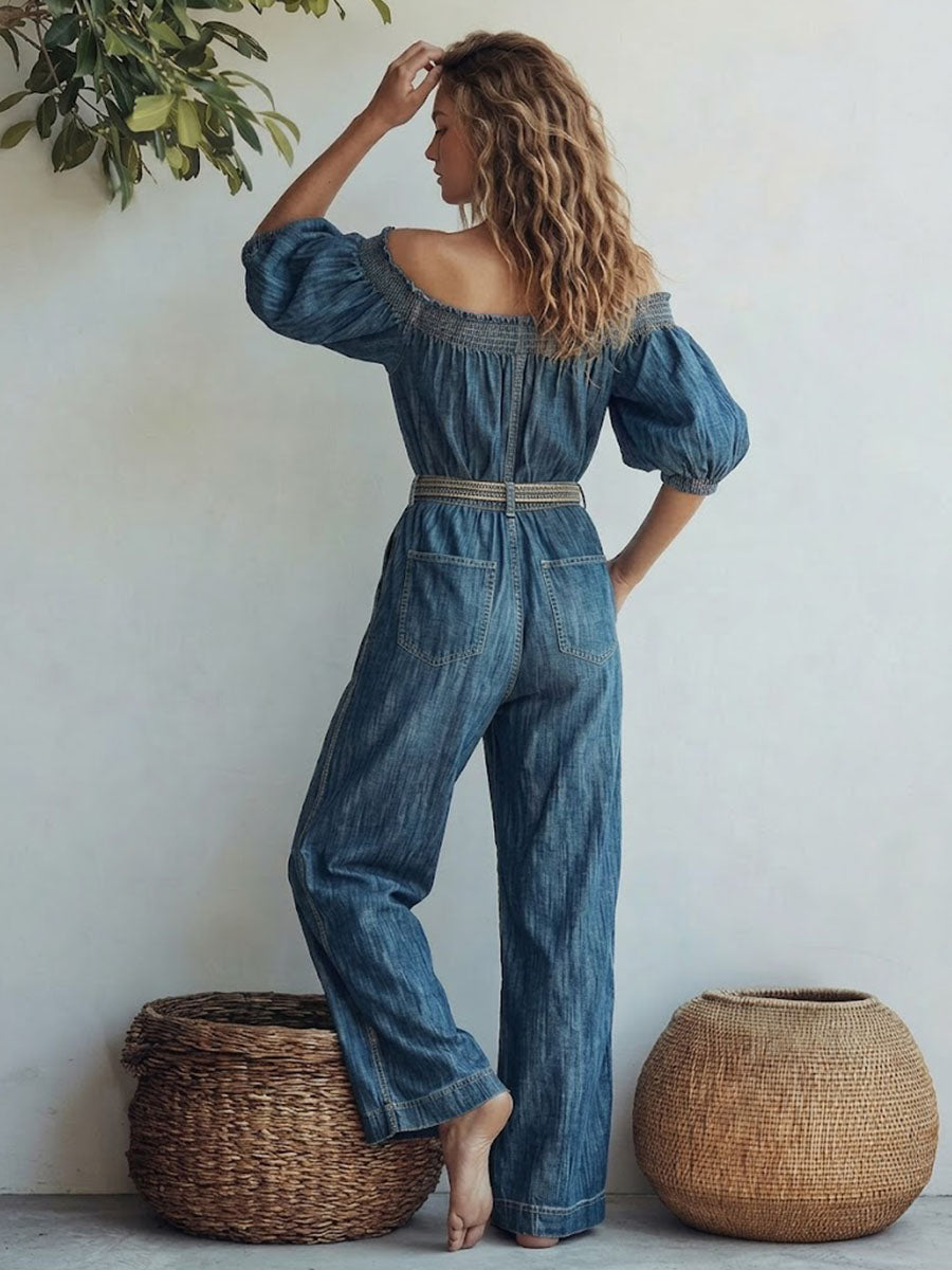 Women's Off-shoulder Fitted Denim Jumpsuit