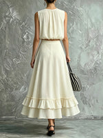 Women's Vintage Cotton-linen Sleeveless Round-neck Top And Ruffled-hem Maxi Skirt Set