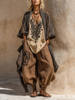 Completo boho casual a tre pezzi in lino e cotone, ampio