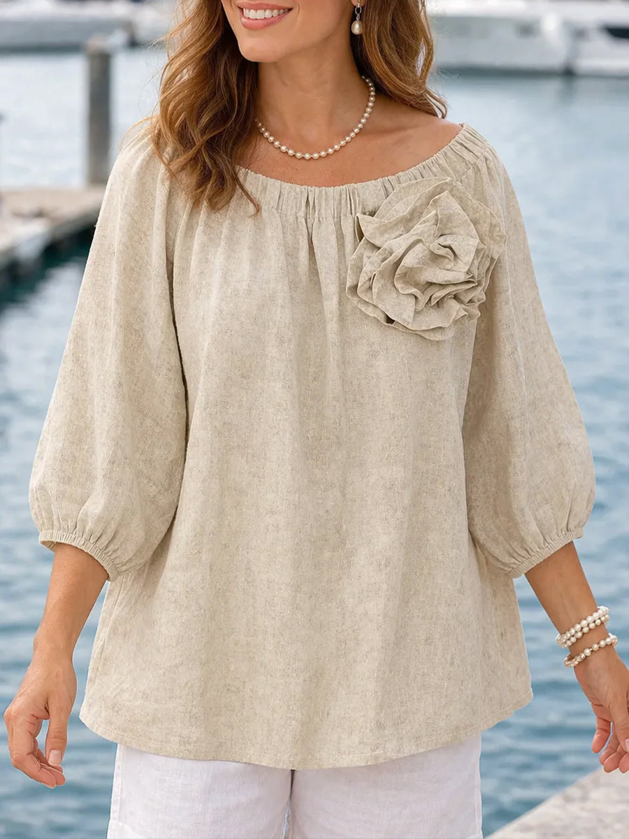 Loose-fit Casual Linen And Cotton Top With 3d Floral Embellishments