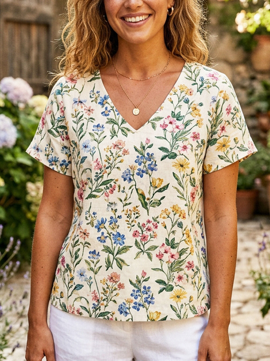 Women's Floral Art Print Casual Cotton Linen Shirt