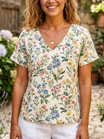 Women's Floral Art Print Casual Cotton Linen Shirt