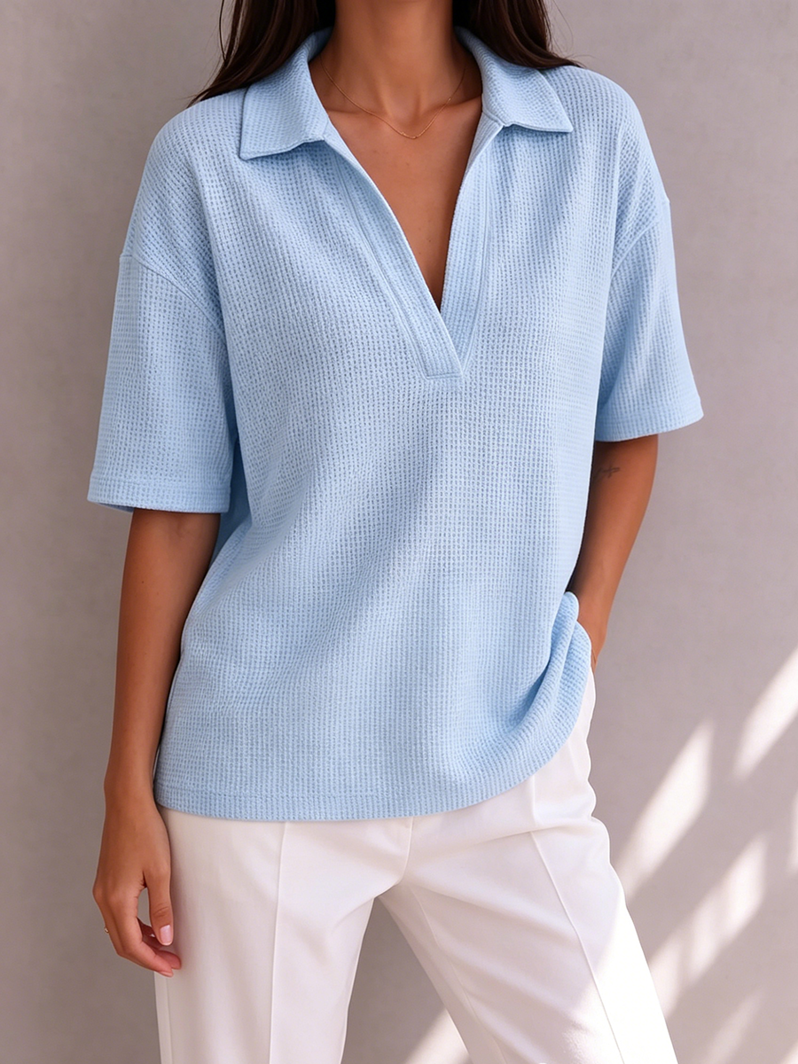 Casual Cozy Waffle-knit Polo Top
