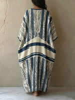 Abstract Line Print Cotton-linen Kaftan Maxi Dress With V-neck And Batwing Sleeves