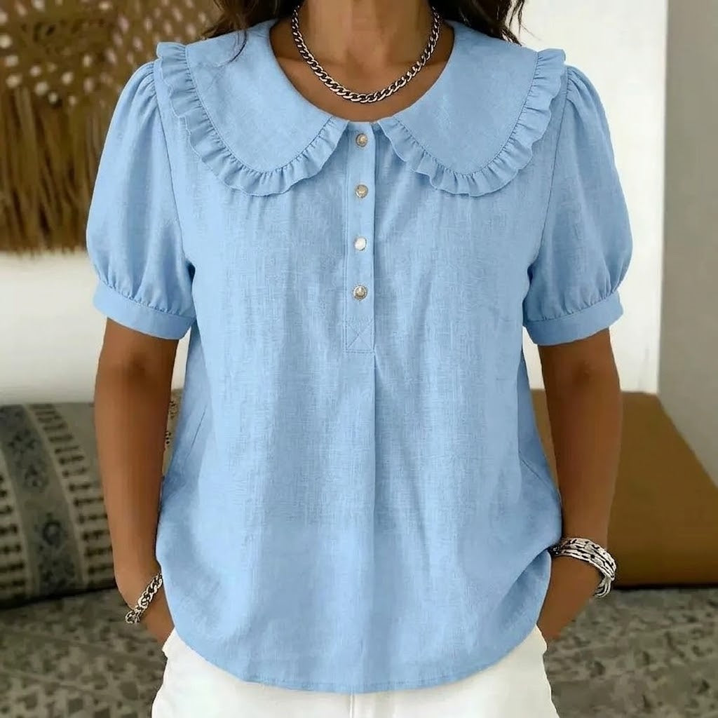 Casual Linen And Cotton Short-sleeve Shirt With Peter Pan Collar