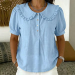 Casual Linen And Cotton Short-sleeve Shirt With Peter Pan Collar