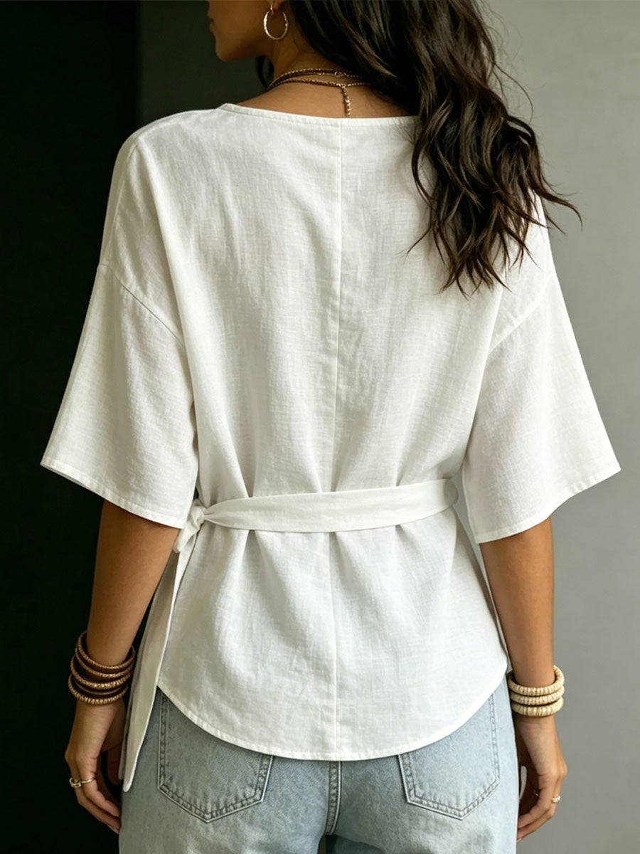 Women's Casual Solid-color Loose V-neck Short-sleeve Tie-front Top