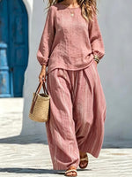 Solid-color Lantern-sleeve Crew-neck Top + Vertical-stripe Elastic-waist Wide-leg Pants (cotton-linen Two-piece Set)