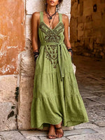 Women's Vintage-style V-neck Sleeveless A-line Dress — Loose-fit Casual Cotton-linen With Placement Print