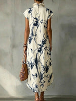 Women's Sleeveless Linen-cotton Dress With Ruffled Collar And Elegant Ink-style Floral Pattern