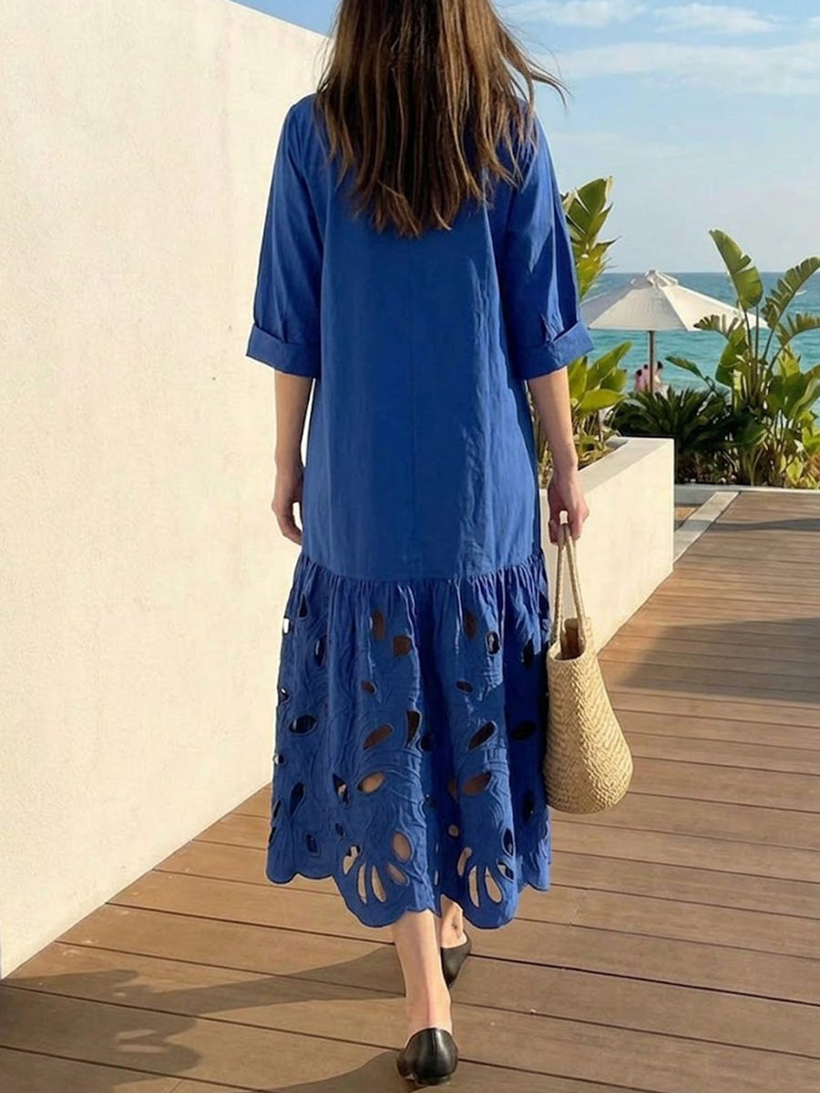 V-neck 3/4 Sleeve Cutwork Embroidered Cotton Midi Dress